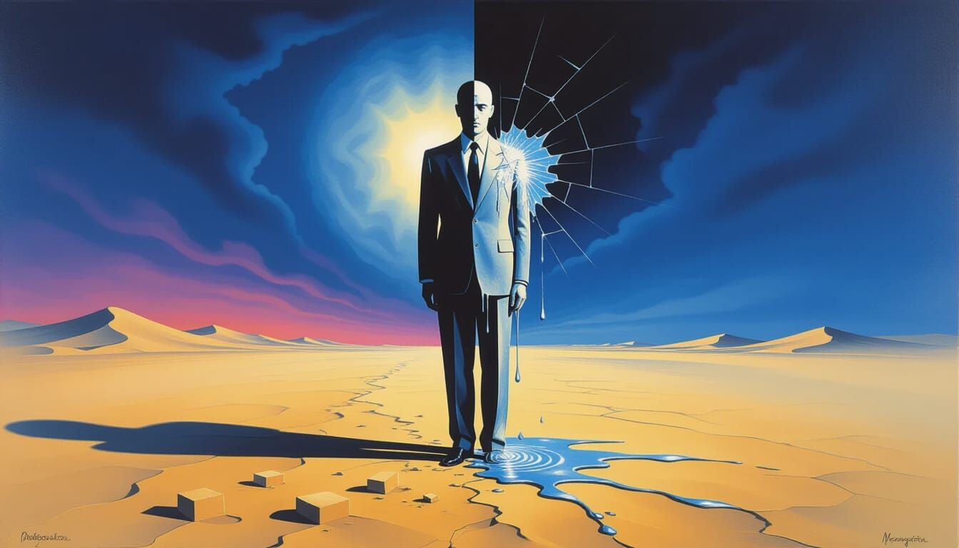 Surreal Figure in Desolate Landscape as Dalí Magritte Painti...