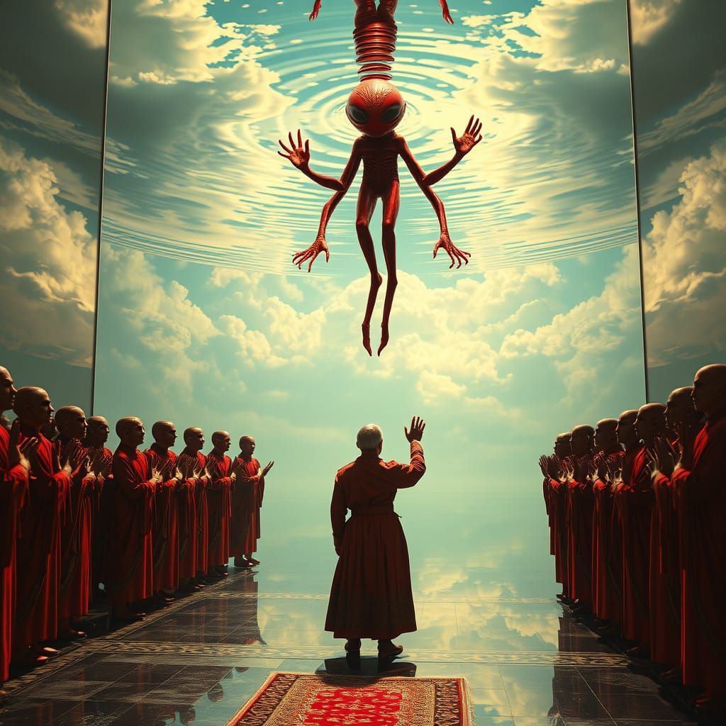 Hyper-Realistic Alien Deity Reaching to Touch Worshipper