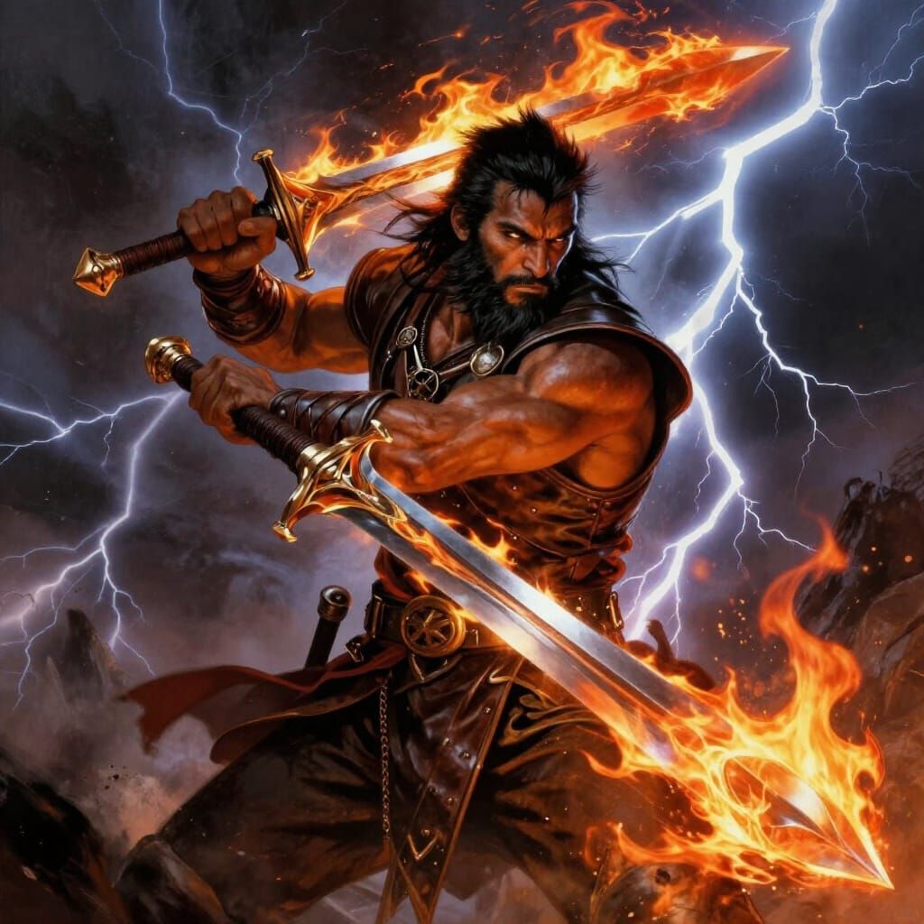 Warrior with Flaming Sword in Lightning Storm