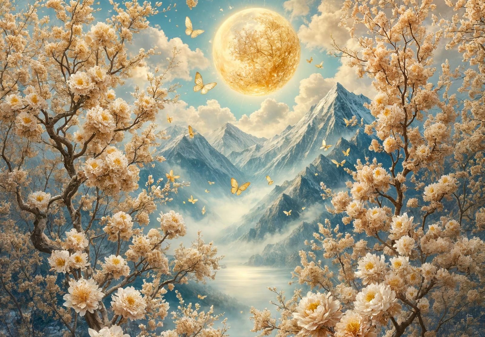 Ethereal Almond Blossoms Under a Pearly Moon