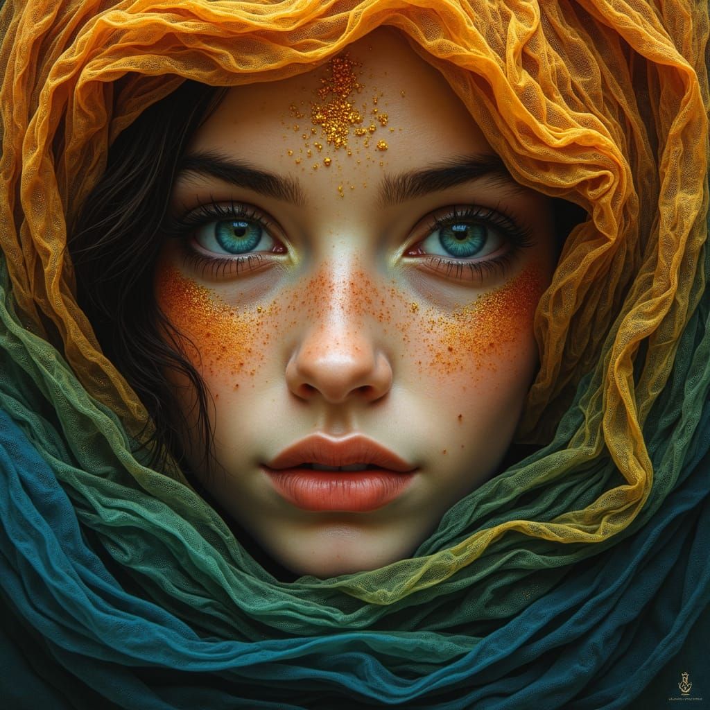 Beautiful Woman in Copper Crepe, Surreal Portrait