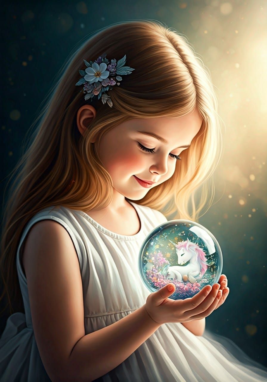 Girl with Unicorn Globe: Watercolor Fantasy