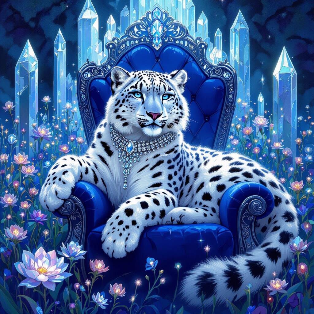 Snow Leopard on Sapphire Throne in Art Nouveau Style