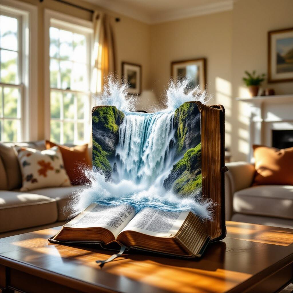 Waterfall Bible: Hyper-Realistic Digital Photograph
