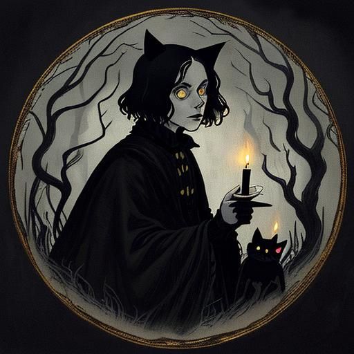 Eerie Black Cat in Whimsical Gothic Illustration