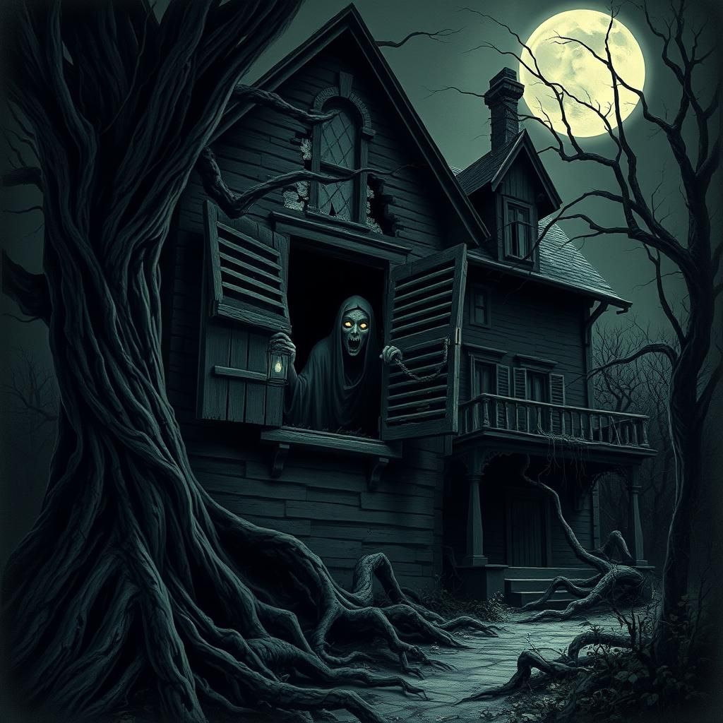 Haunted Mansion with Ghostly Figure in Gothic Style