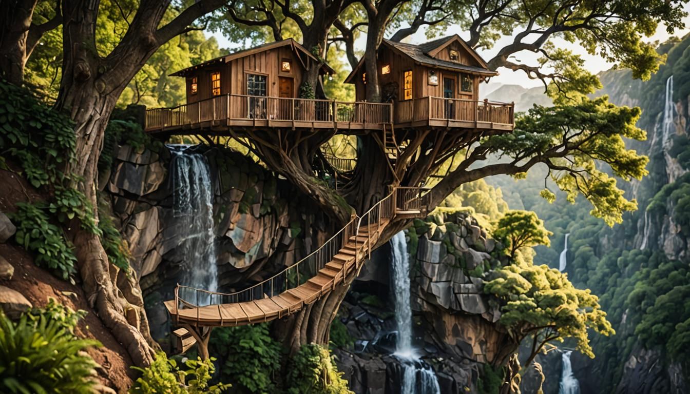 Elegant Cliffside Treehouse with Waterfall, Professional Pho...