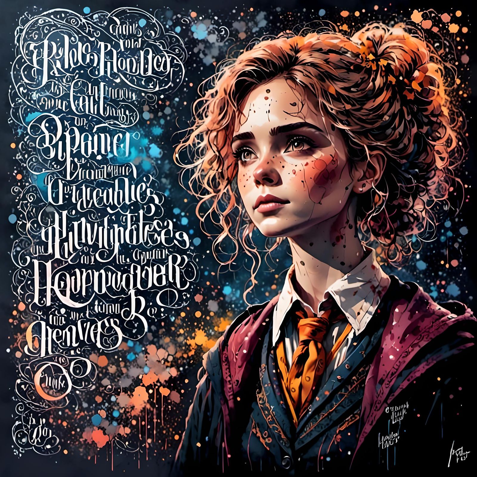 Hermione Granger Portrait with Calligraphic Ink Lettering