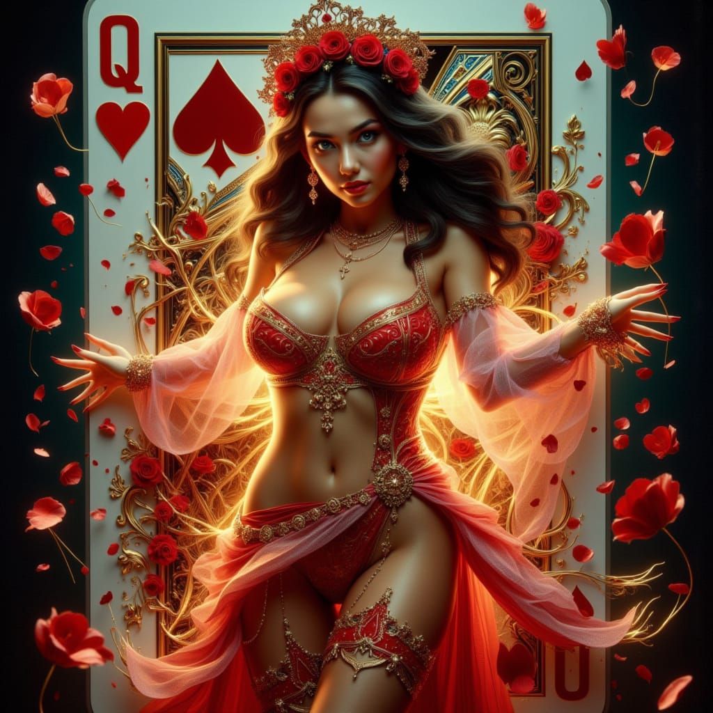 Brunette Czarina Bursts Through Queen of Hearts Card