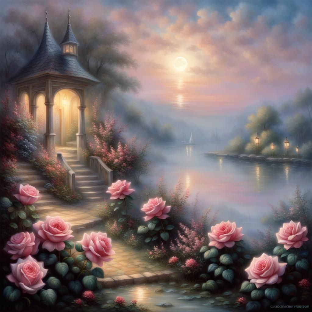 Moonlit Roses on Lake Shore: Ethereal Fantasy