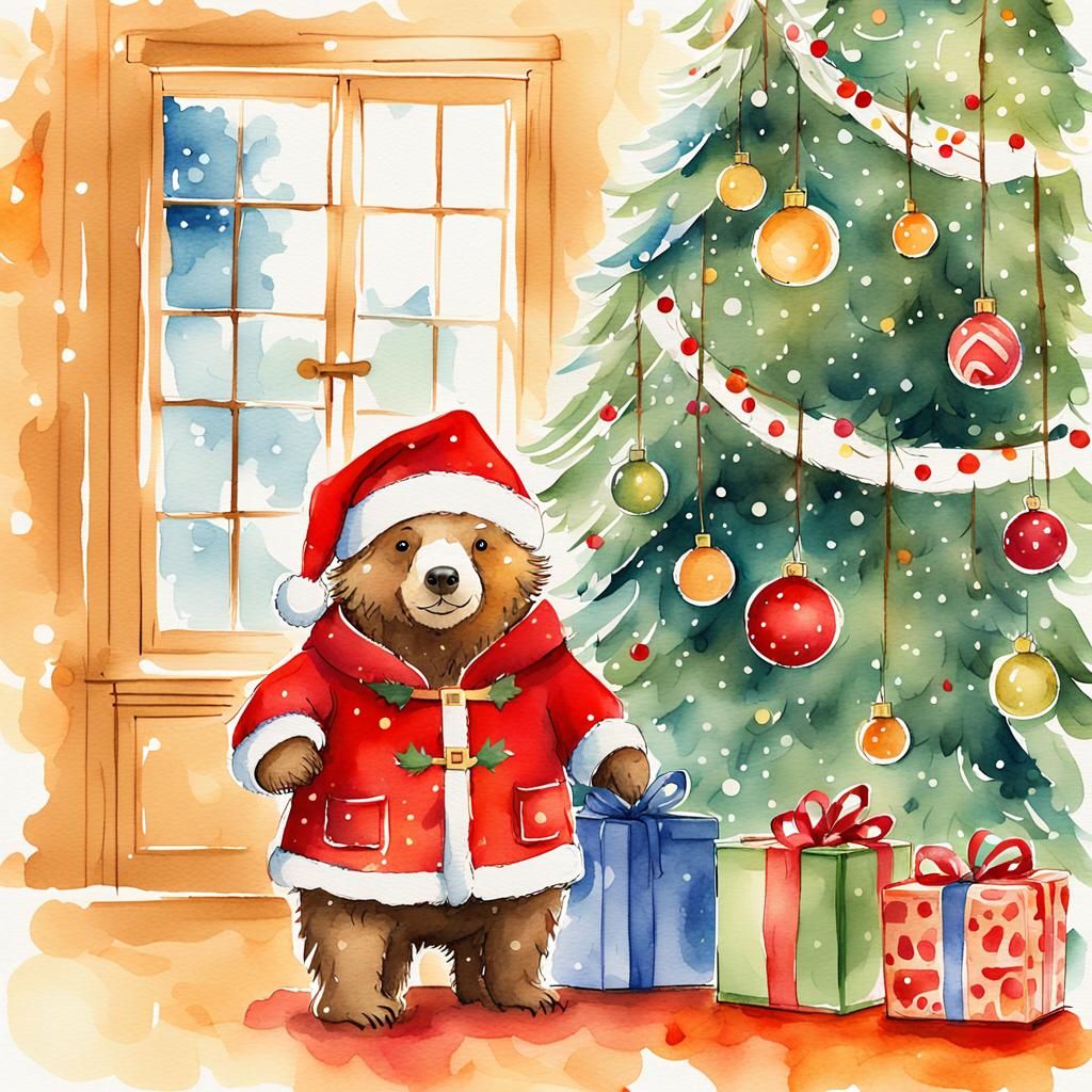 Paddington Bear as Santa Claus: Watercolor Illustration