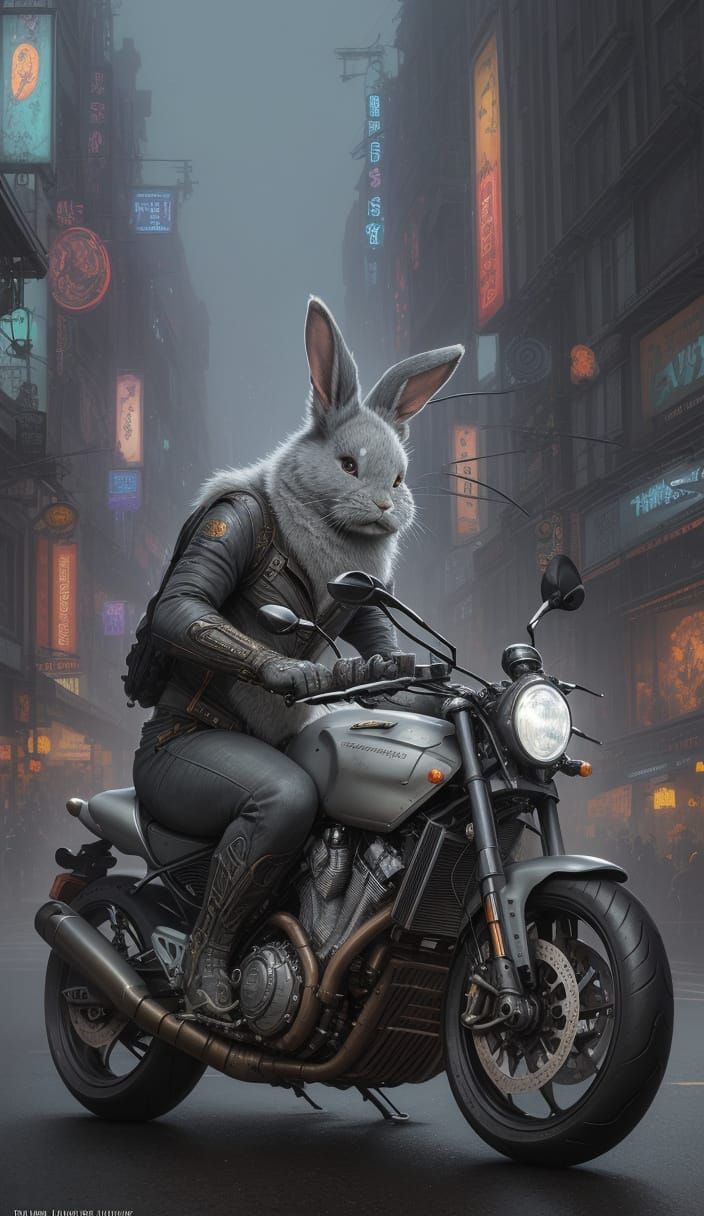 Bunny Rides Motorcycle in Digital Art Style