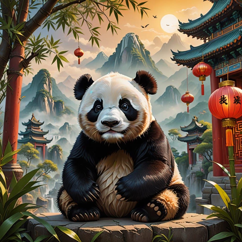 Ancient China Panda Portrait in Vibrant Watercolor Style