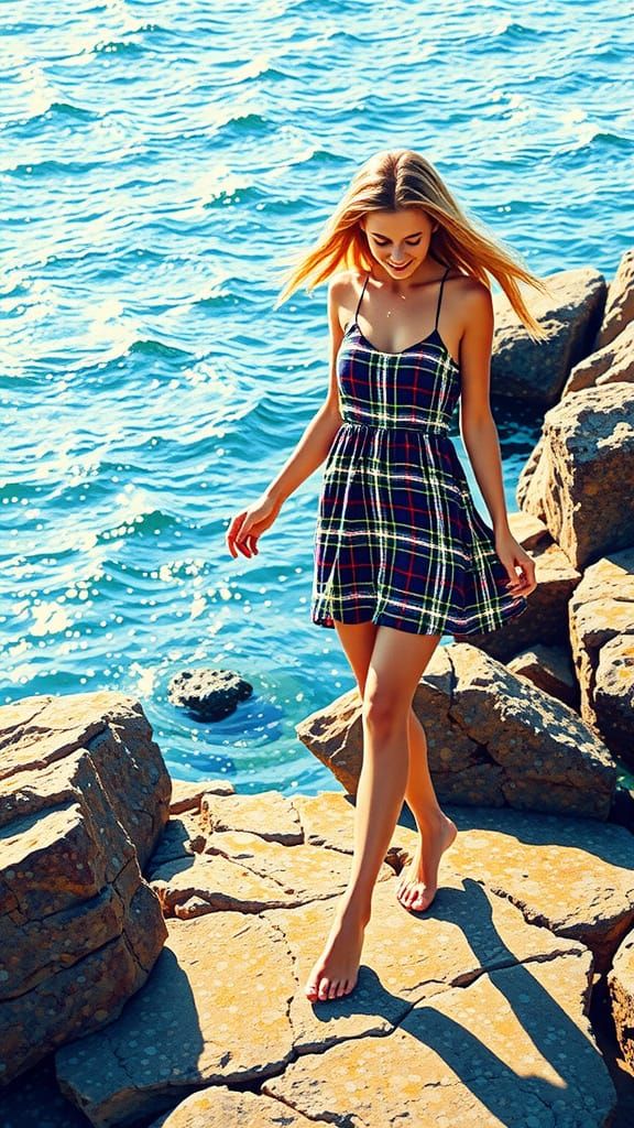 Woman on Coastal Rocks in Pointillist Style