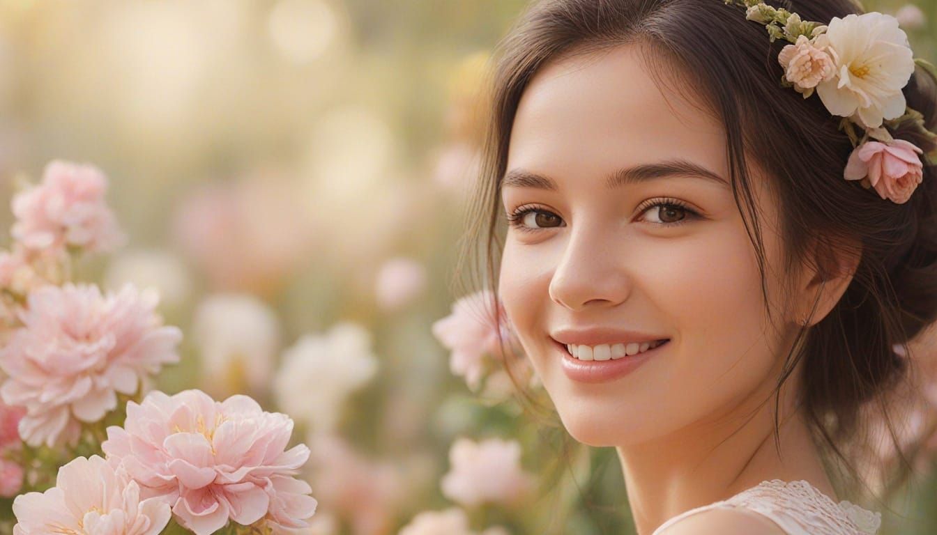 Dreamy Woman Surrounded by Flowers in Pastel Colors