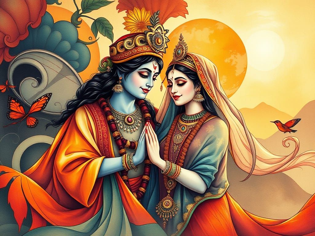 Lord Krishna and Radha Rani in Dreamlike Golden Art