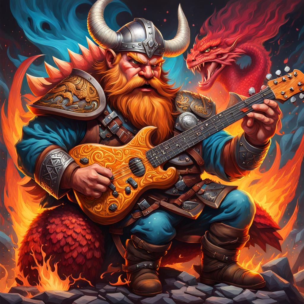 Viking Dwarf Slaying Dragon with Guitar in Graffiti Art