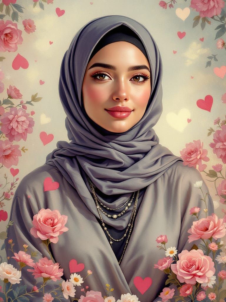 Oil Painting Portrait of a Smiling Hijabi Woman