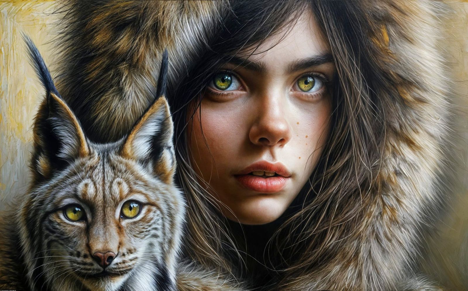 Woman in Wolf Furs with Lynx, an Oil Painting