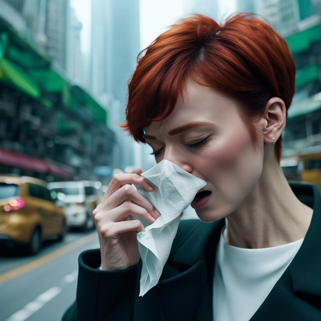 Redhead Girl Sneezing in Hong Kong: Matte Painting