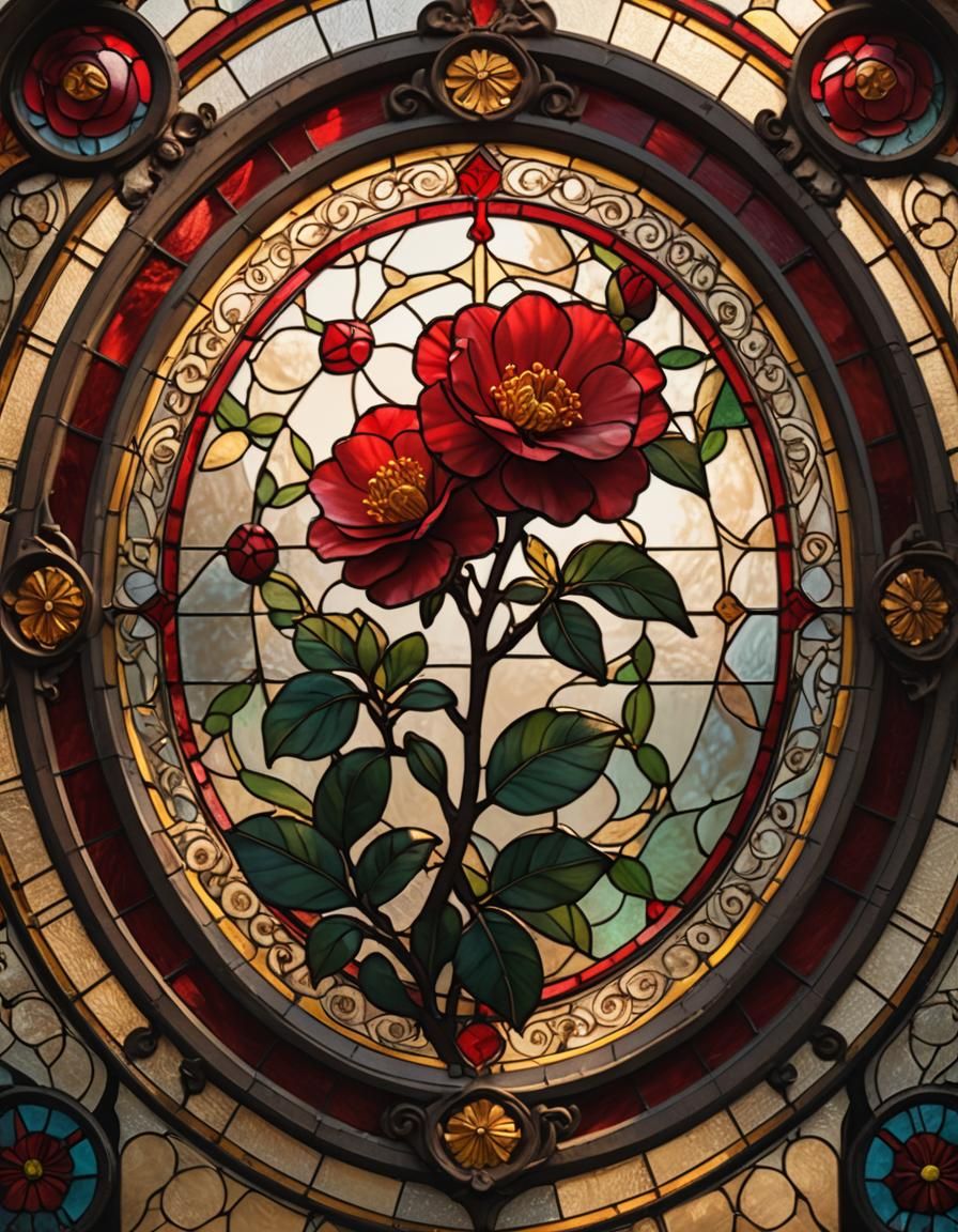 Red Camellia in Art Nouveau Stained Glass