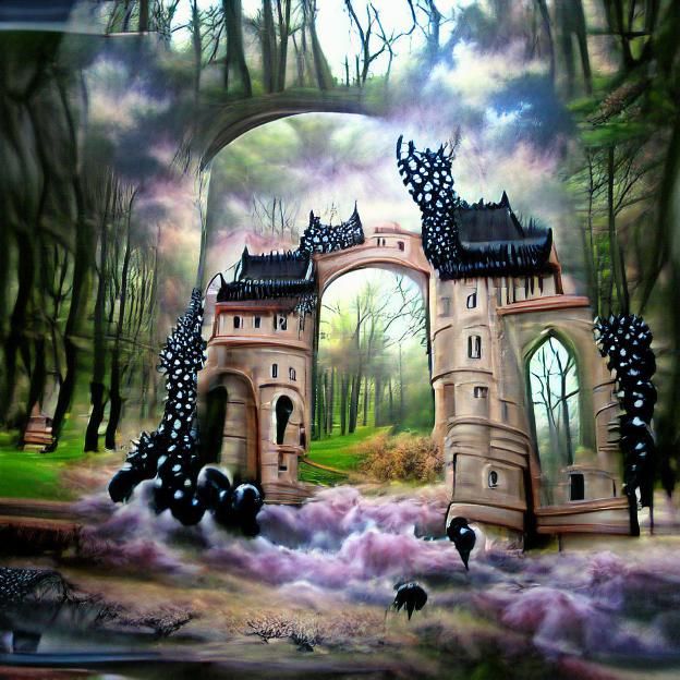 Soft goth castle entry to an enchanted woods