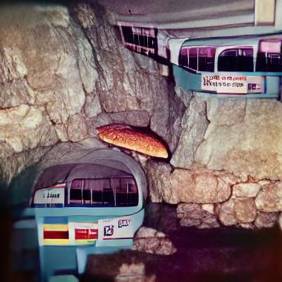 Monorail in Underground Meat Cave: Vintage Photo