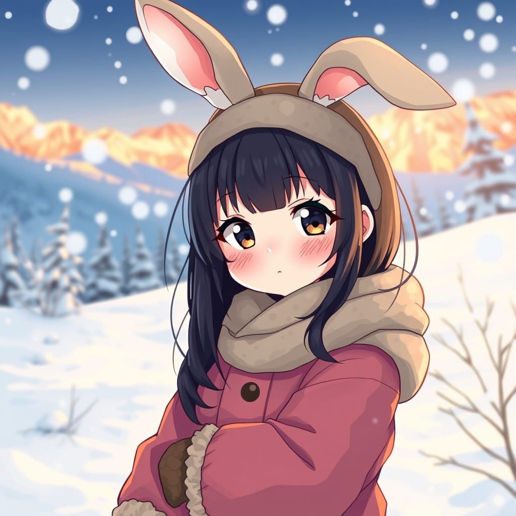 Cute Rabbit Girl in Winter Anime Style