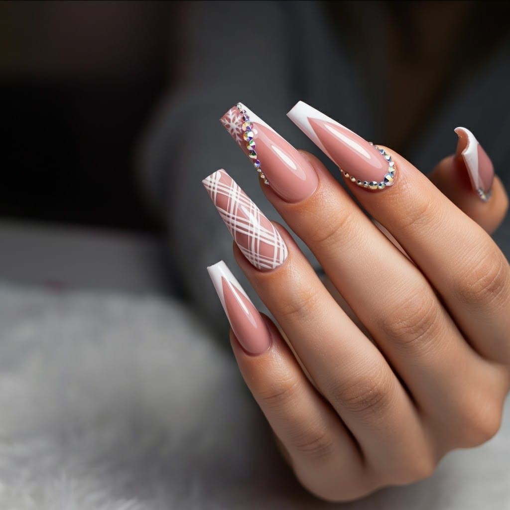 Winter Holiday Stiletto Nails with Plaid and Rhinestones