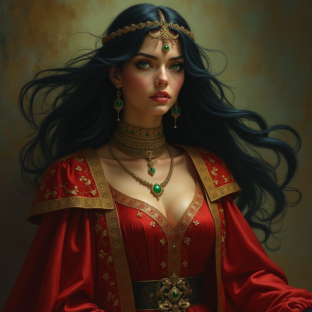 Elegant Sorceress in Velvet Robes, Exuding Noble Authority