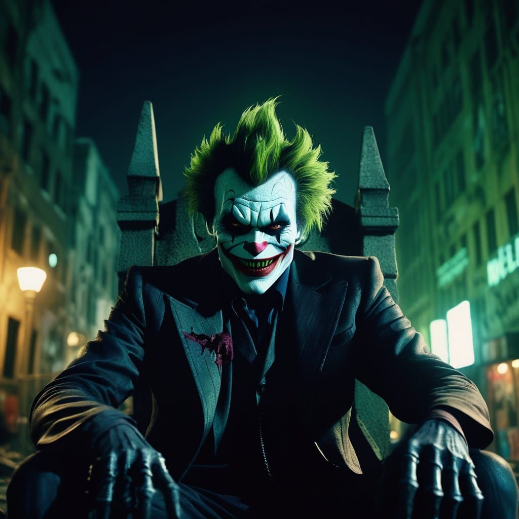 Giant Joker Sits on Throne in Dark Gothic Cityscape