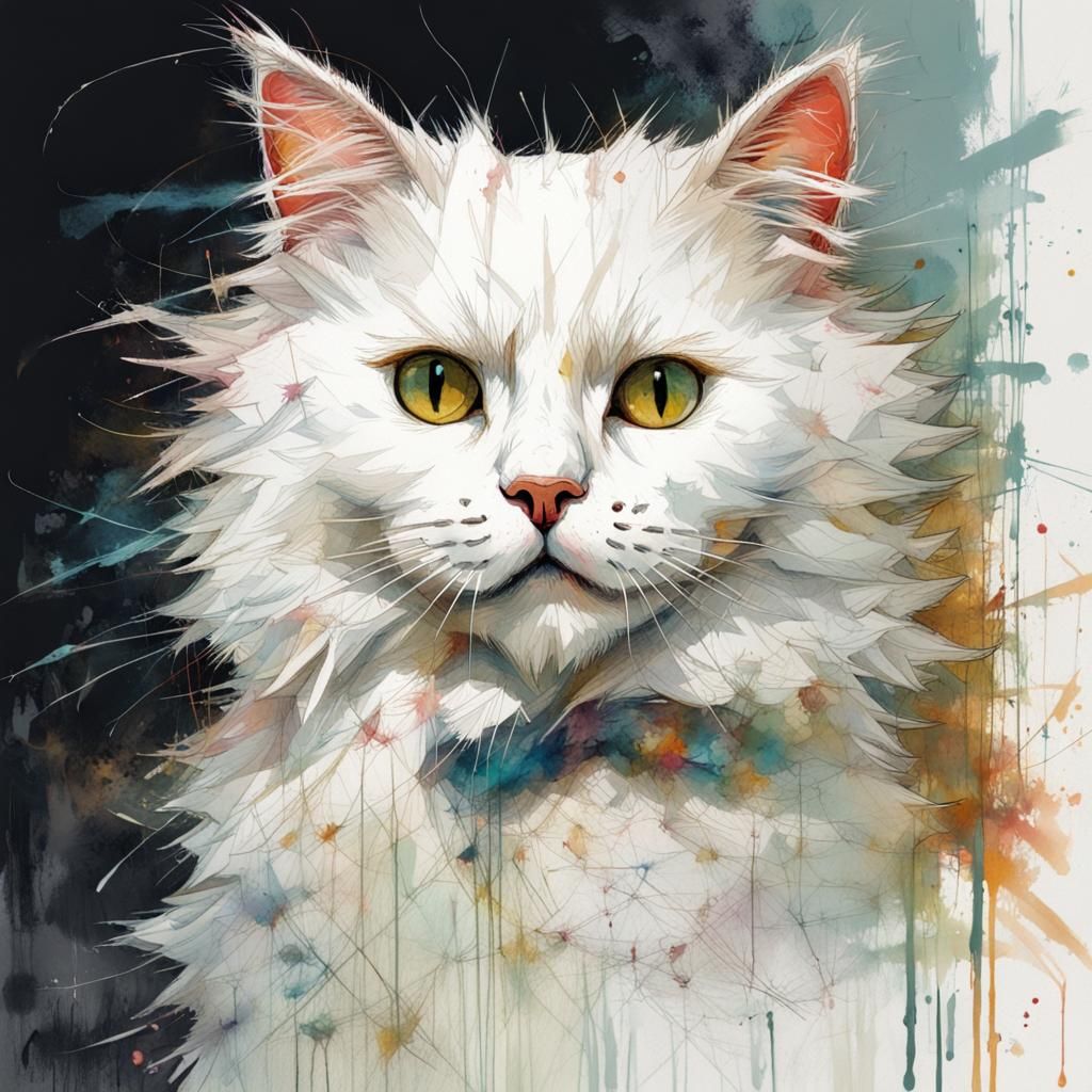 Cute Fluffy White Cat Art in Surreal Style