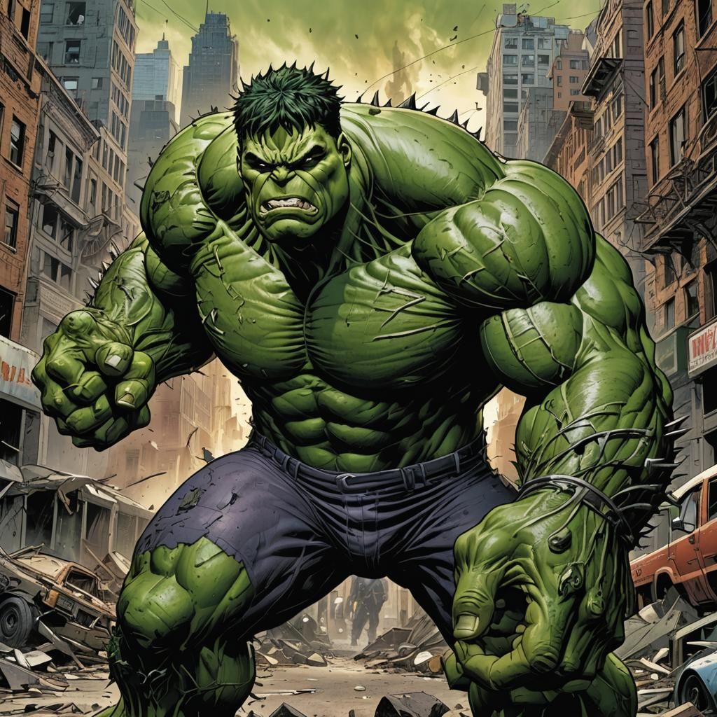 Muscular Abomination Hulk in Destroyed City, Comic Art