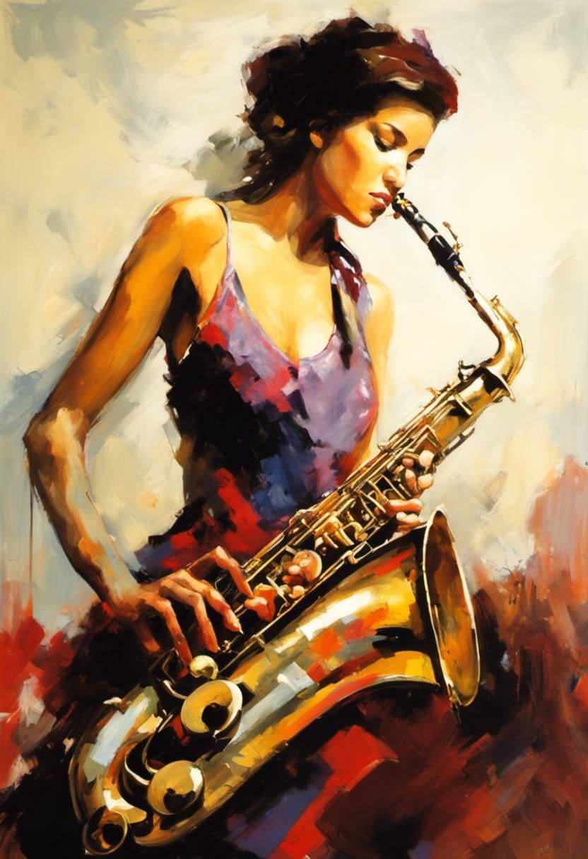 Colorful Female Saxophonist Acrylic Painting