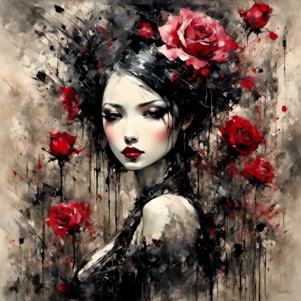 Gothic Punk Girl with Roses in Liquid Ink Style
