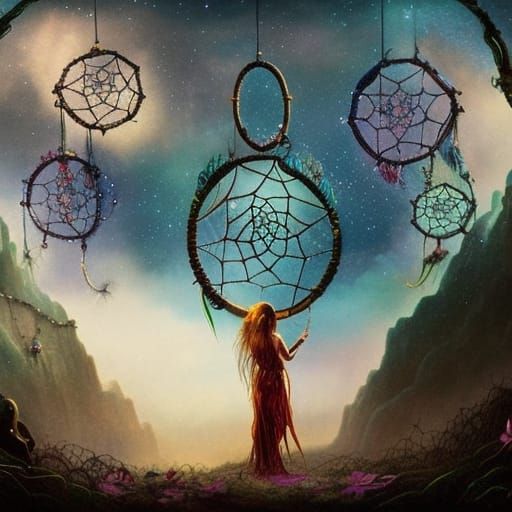 Goddess Weaves Night Sky Dreamcatcher: Fantasy Concept Art