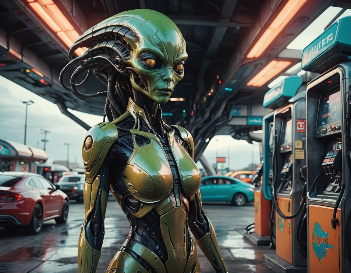 Biochemical Alien Female at Gas Station, Digital Matte Paint...