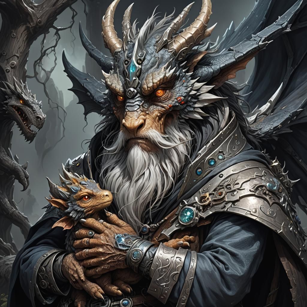 Cyborg Dragon in Wizard's Arms, Dark Fantasy