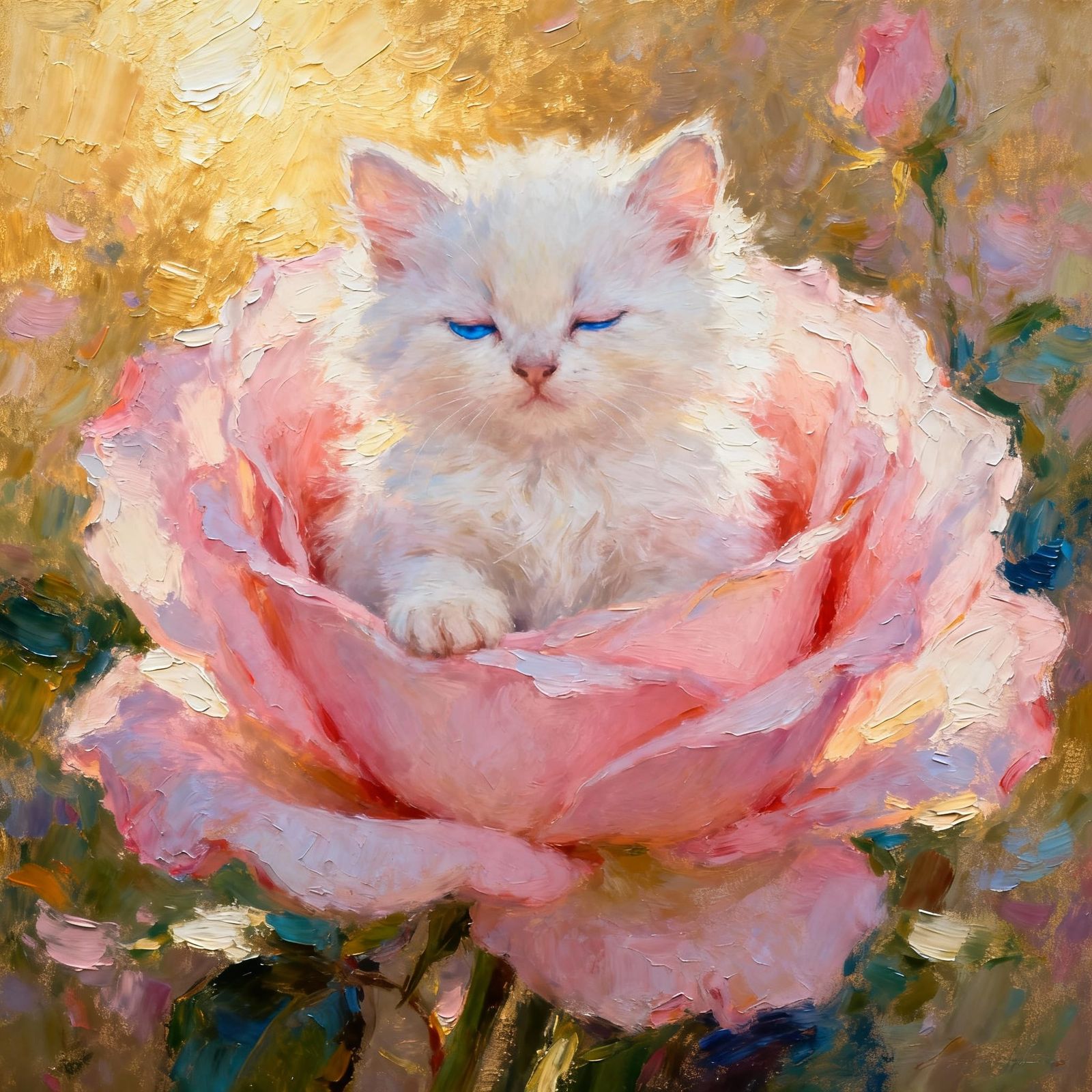 Fluffy Kitten in Rose, Impasto Style