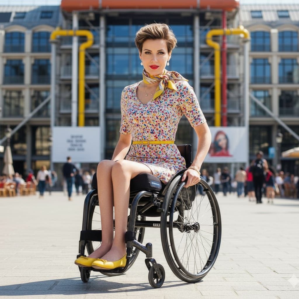 Stylish Woman in Pointillist Dress at Centre Pompidou