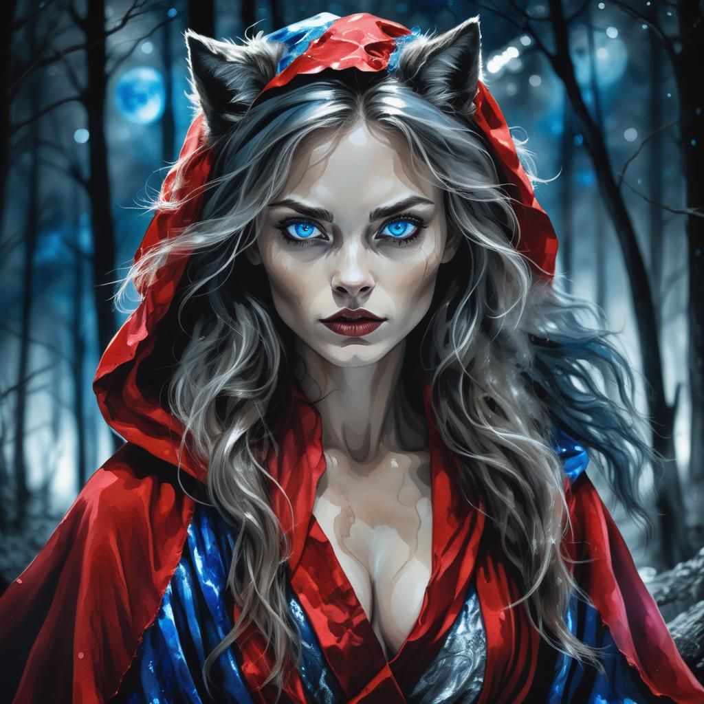 female Werewolf, with blue eyes, red robes.