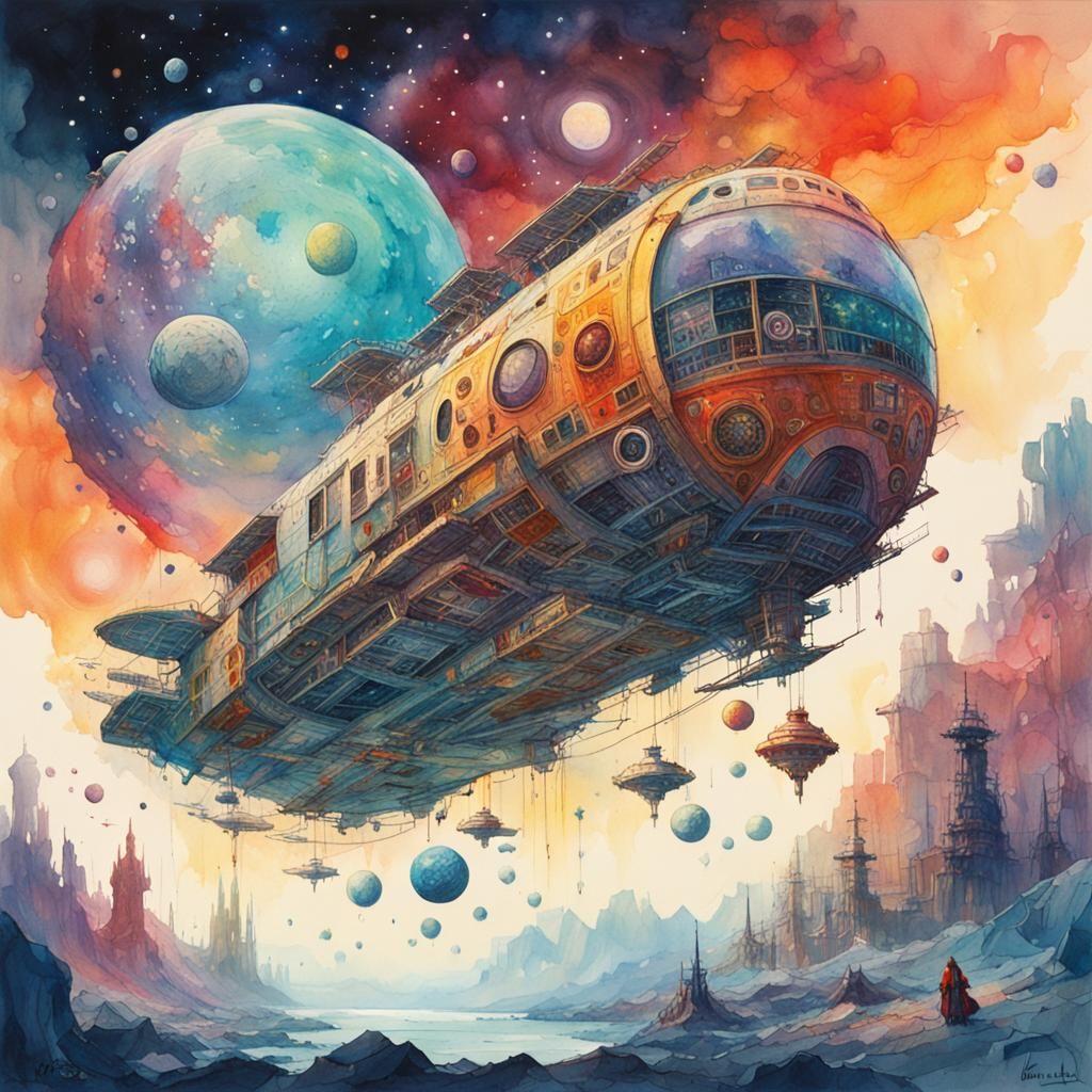 Spaceship in Cosmic Nebula, Watercolour Fantasy