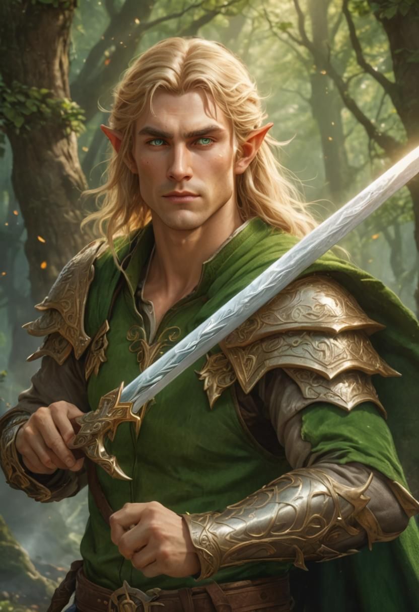 Male elf warrior with long blonde hair and green eyes.