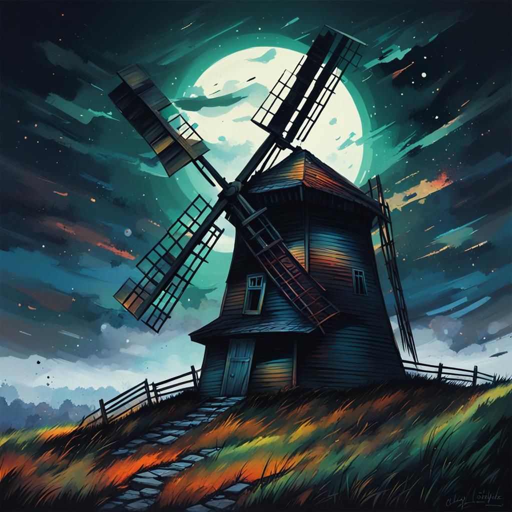 Derelict Windmill on Hill in Graffiti Art Style