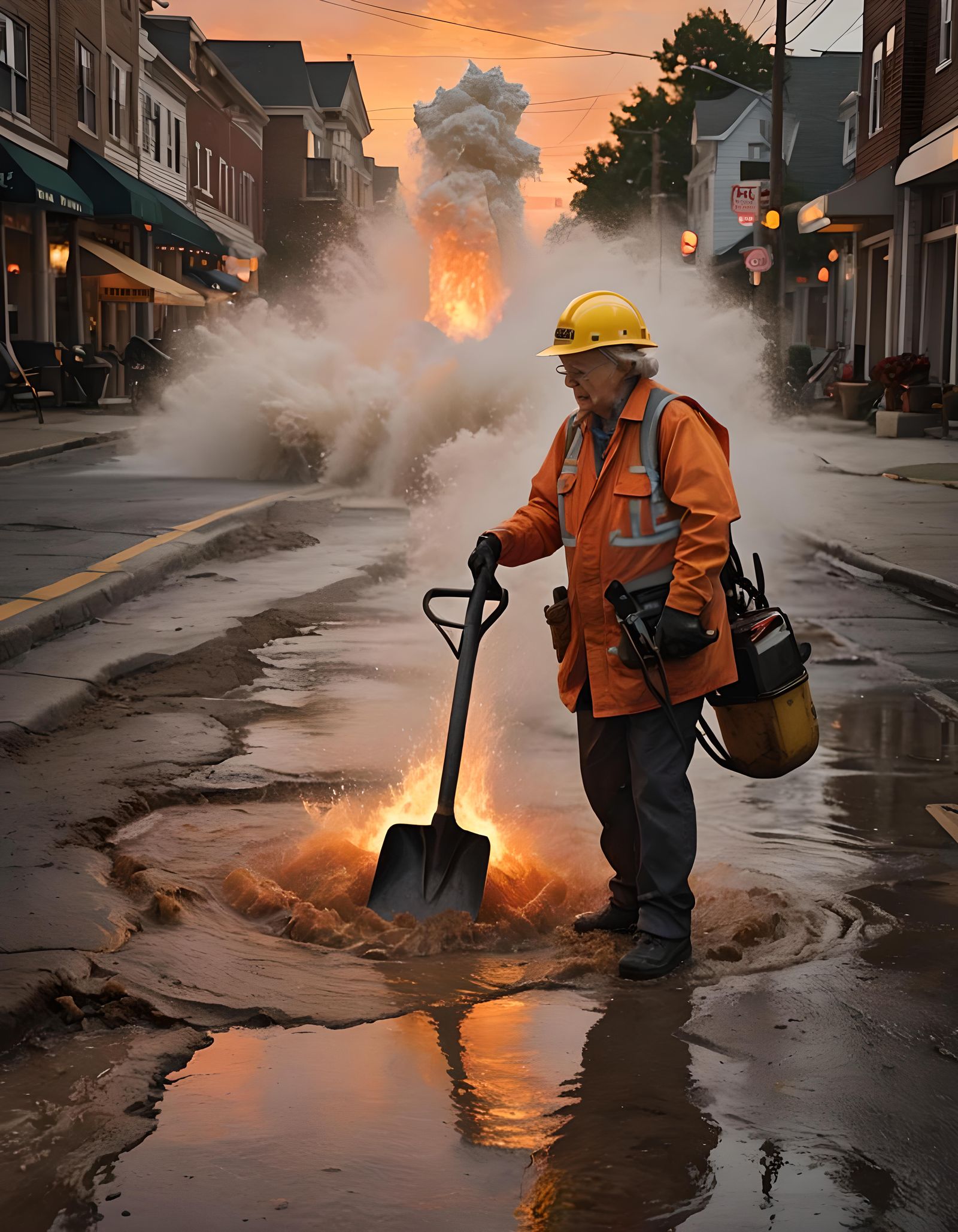 Chaotic Street Scene with Flood and Sunset