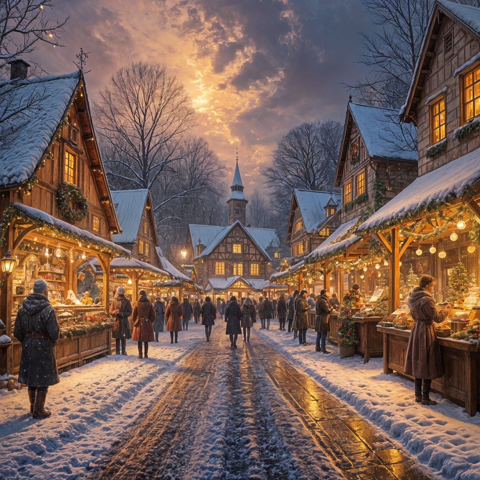 Winter Wonderland Christmas Market Scene in Ethereal Fantasy...