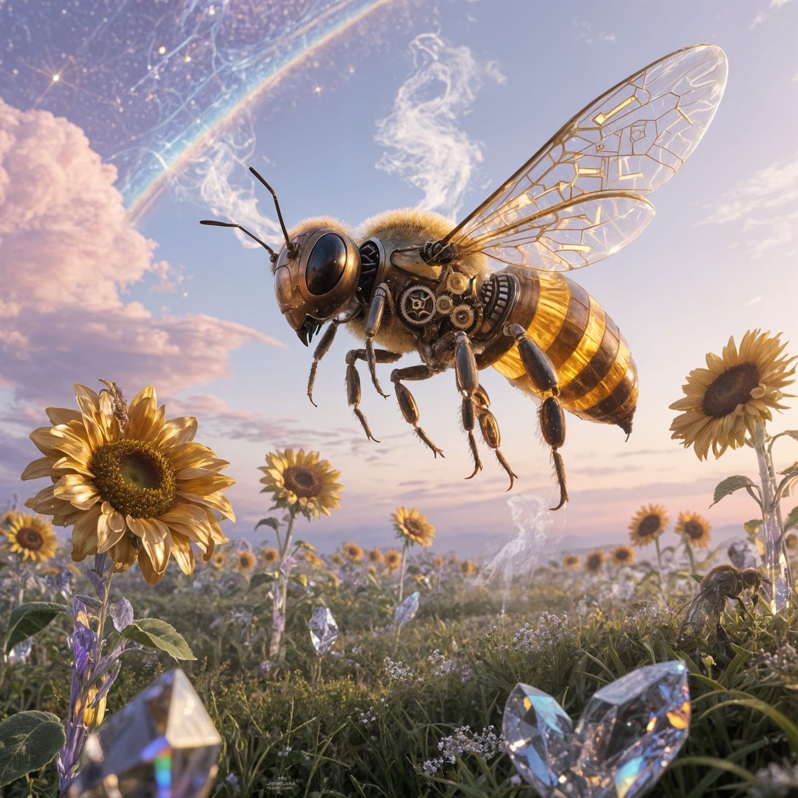 Surreal Biomechanical Honeybee Over Crystalline Sunflowers