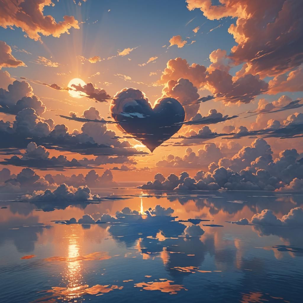 Heart Clouds at Sunrise in Anime Style