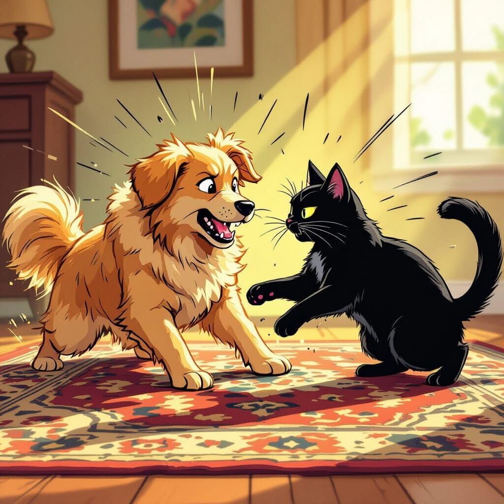 Golden Retriever and Black Cat Tussle in Comic Art Style