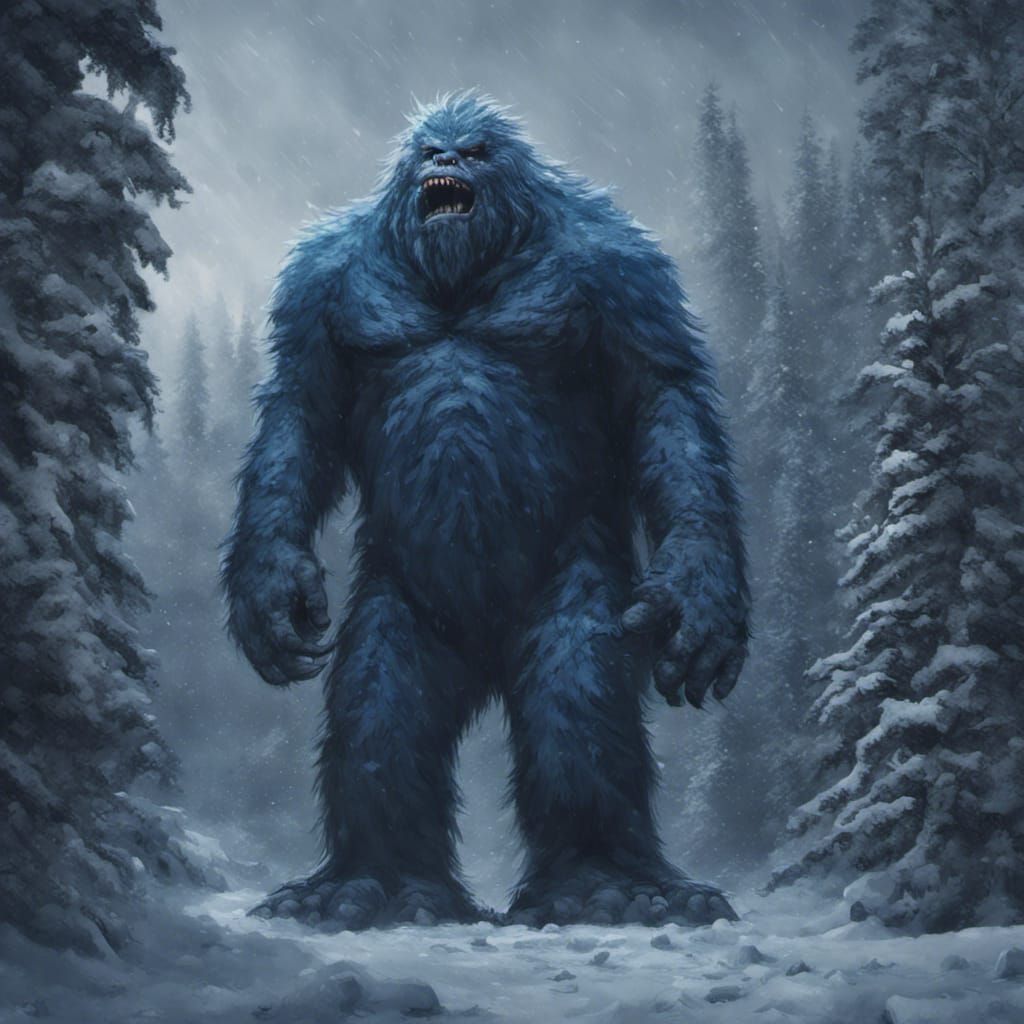 Blue Bigfoot in Snowy Forest: Digital Matte Painting